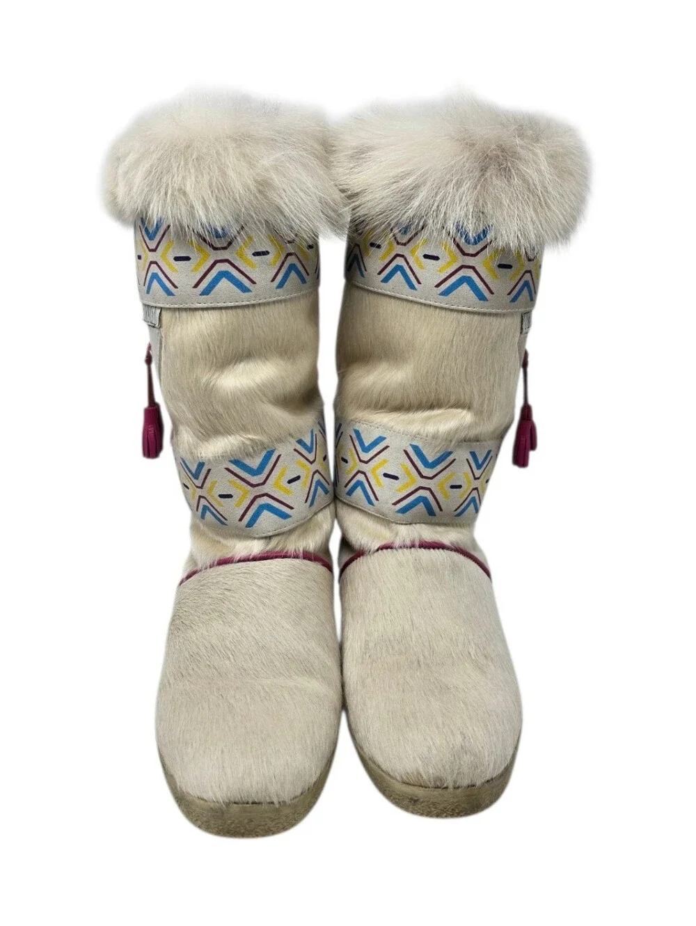 Vintage Tecnica Italy Cream Fur Après Ski Boots US 8.5 Southwestern Tassels